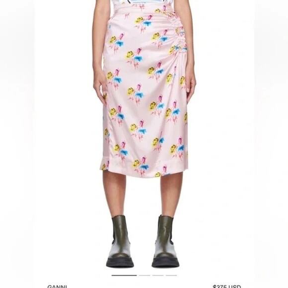 NWT GANNI Pink Organic Silk Floral Ruched Midi Skirt - Picture 3 of 11